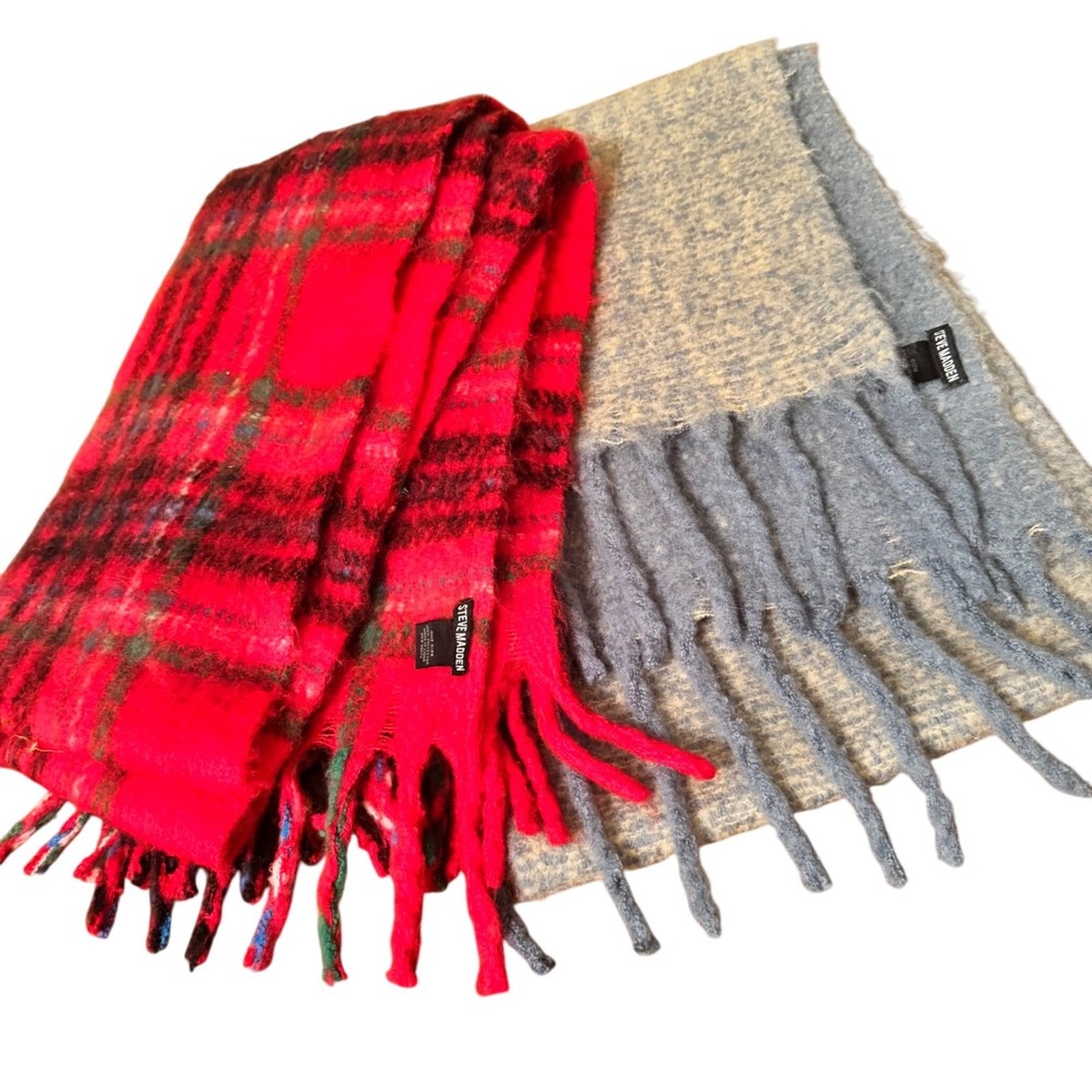 Steve Madden Fringe Blanket Scarf Set of 2 – Red Plaid & Reversible Blue Green